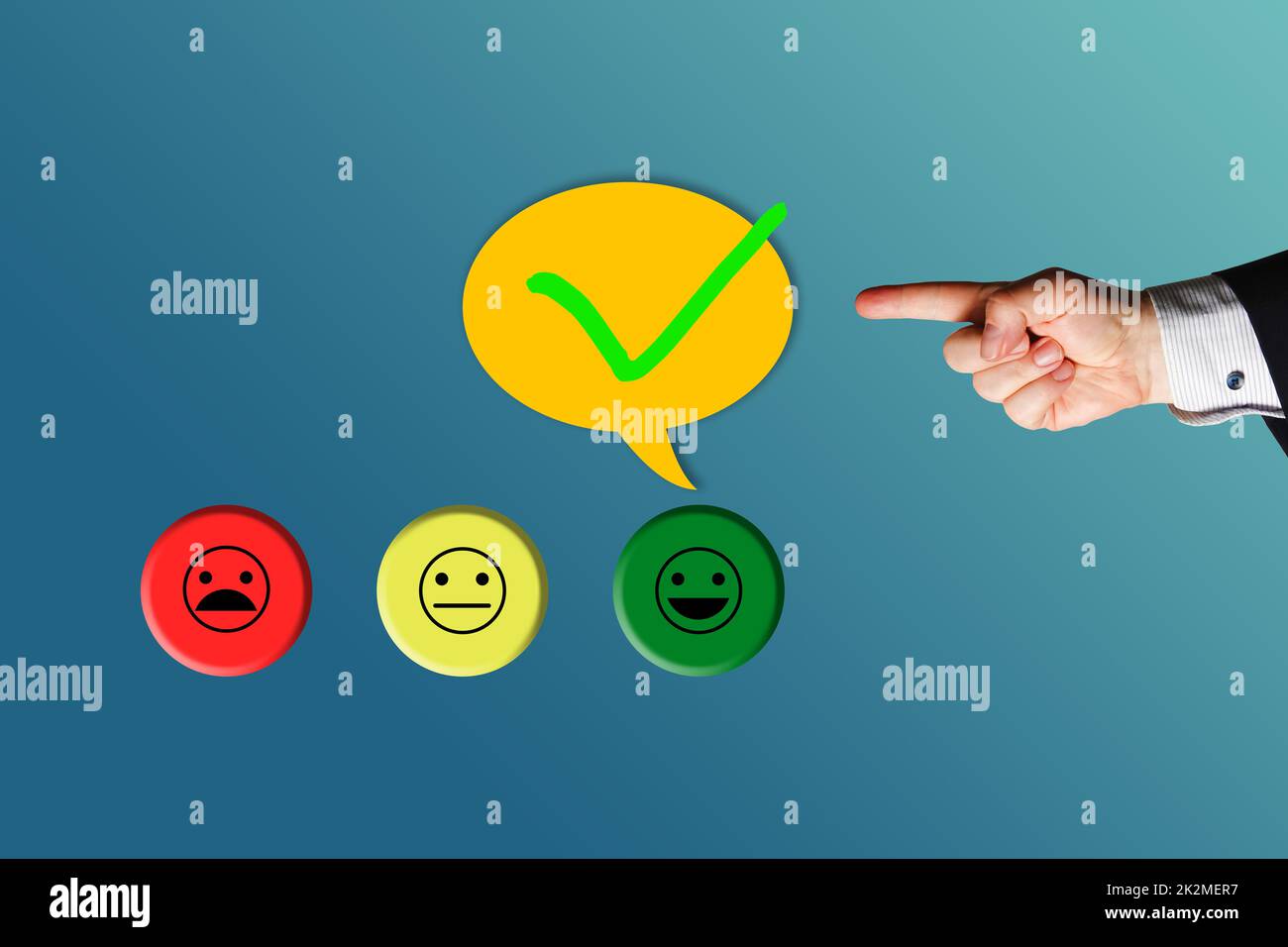 Mitarbeiter- oder Kundenzufriedenheit. Zufriedener Kunde bedeutet positives Feedback und Erfahrungsbericht. Stockfoto