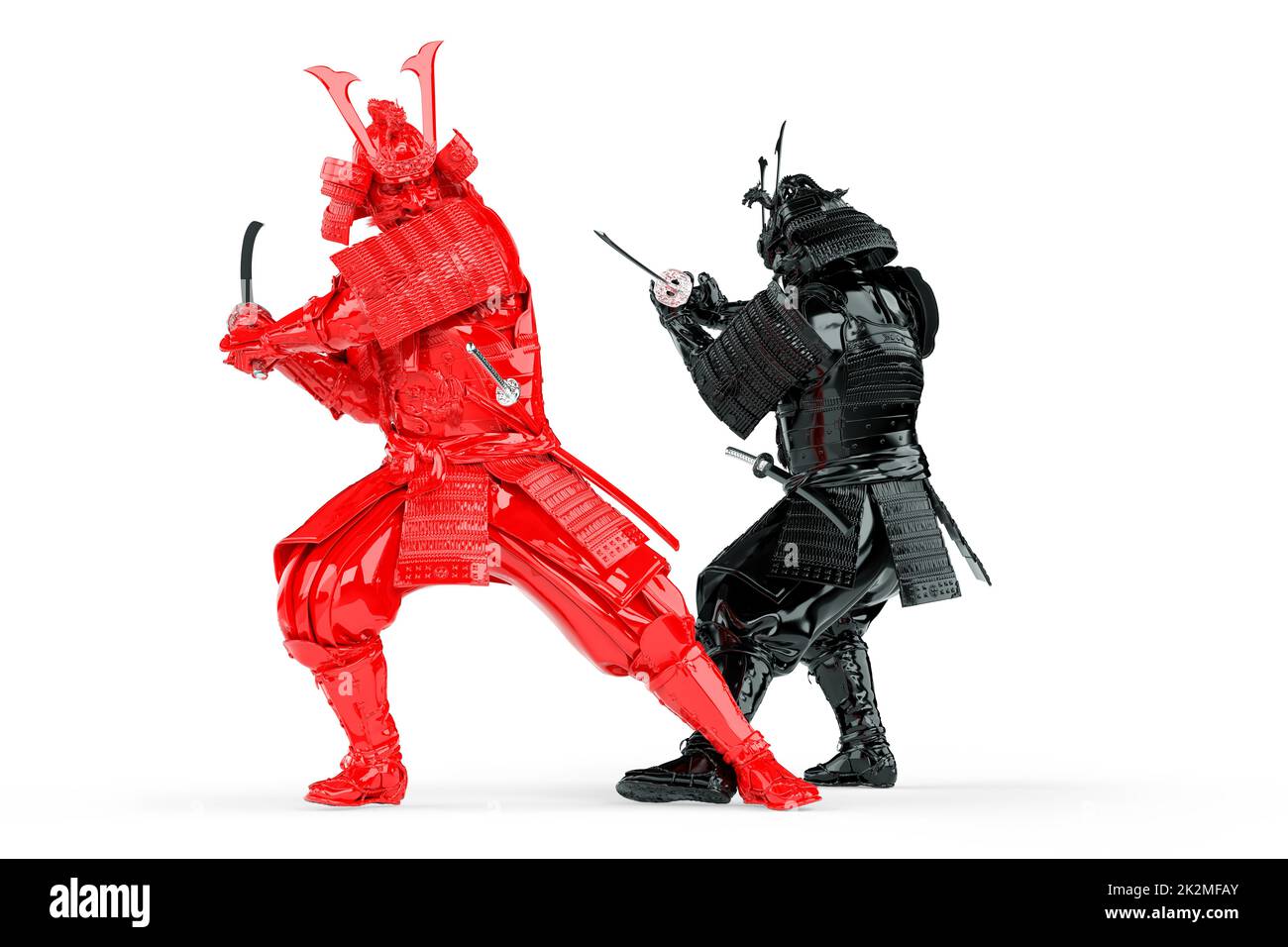 Duell mit roten und schwarzen Samurai-Kriegern. Isoliert auf weißem Hintergrund. 3D Rendering Stockfoto