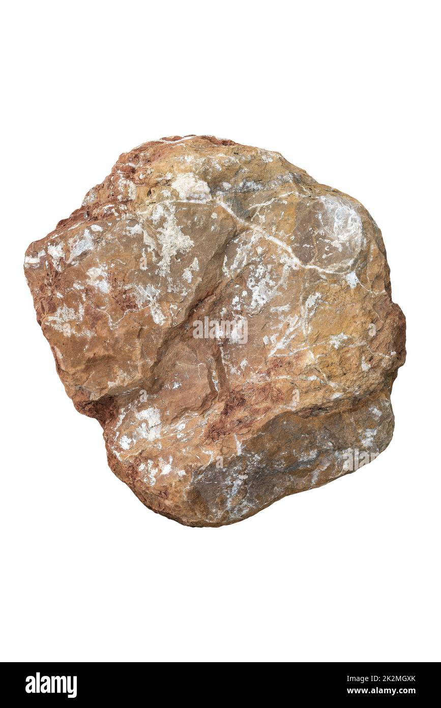 Großer brauner Felsbrocken, ausgeschnitten und isoliert auf weißem Hintergrund, Stockfoto Stockfoto