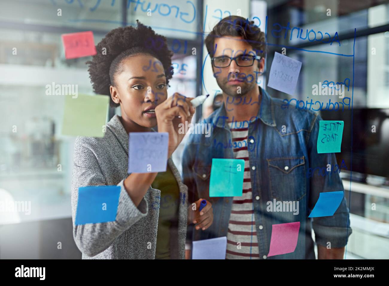 Zwei Köpfe sind effektiver als einer. Eine Aufnahme von Mitarbeitern, die in einem modernen Büro Brainstorming durchführen. Stockfoto