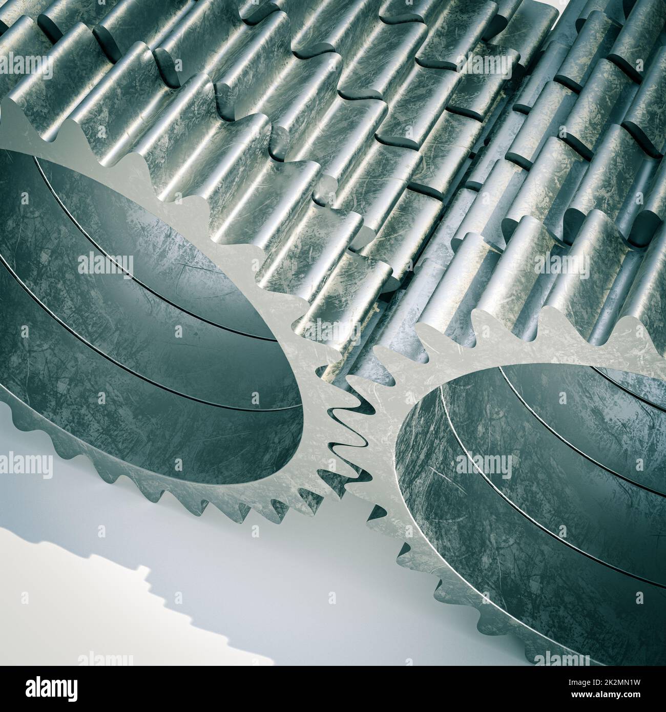 Metallzahnräder Hintergrund quadratisches Format. 3D Rendern Stockfoto