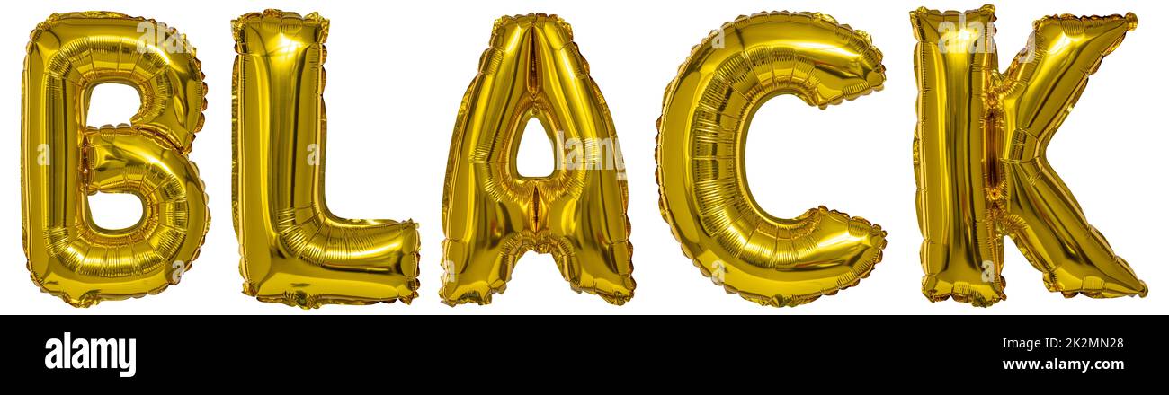 Echte Ballons in Form von Buchstaben U V w x y z Metallic Gold auf weißem Hintergrund Stockfoto