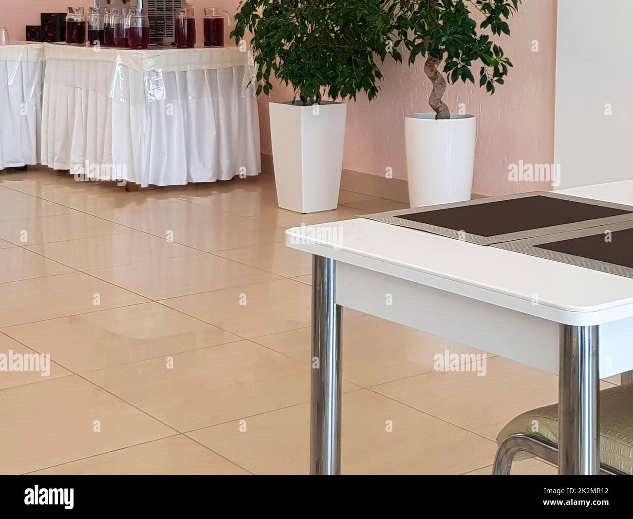 Das stilvolle, moderne Interieur des Esszimmers mit Tischen und Stühlen, vielen Glaskannen mit Beerensaft und Wein Stockfoto