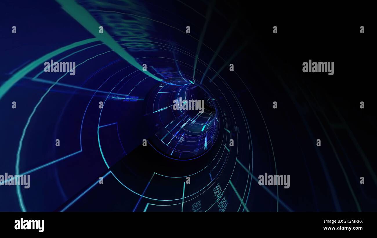 Reisen Sie durch virtuelle digitale Hi-Tech-Tunnel 3D Illustration Stockfoto