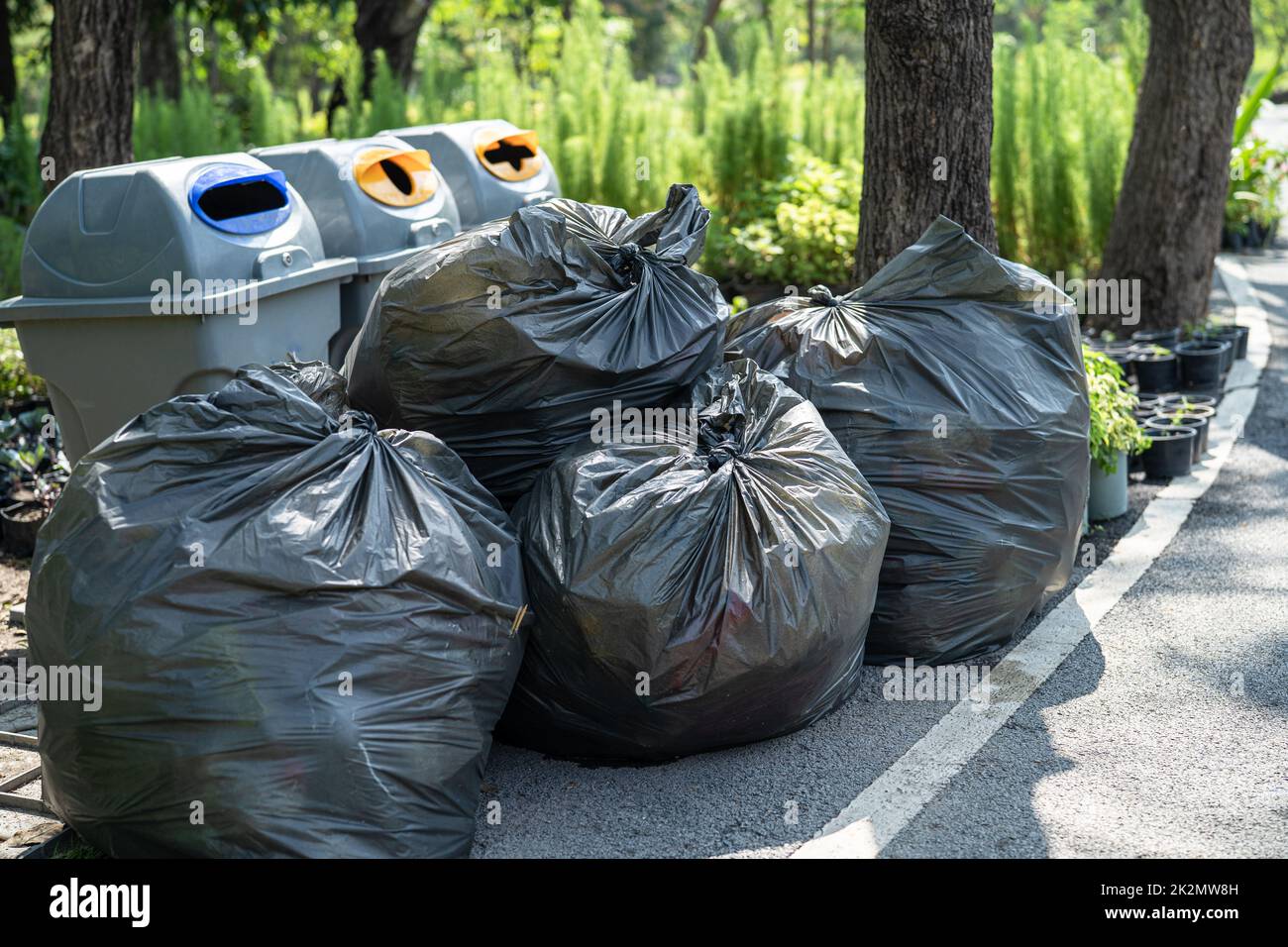 Müllsäcke aus Plastik auf dem Bürgersteig im Park, Konzept für saubere Umwelt. Stockfoto