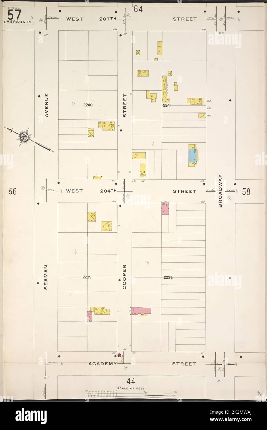 Kartografisch, Karten. 1913. Lionel Pincus und Prinzessin Firyal Map Division. Feuerversicherung , New York (Staat), Immobilien , New York (Staat), Städte & Orte , New York (Staat) Manhattan, V. 12, Plate No. 57 Karte begrenzt durch W. 207. St., Broadway, Academy St., Seaman Ave Stockfoto