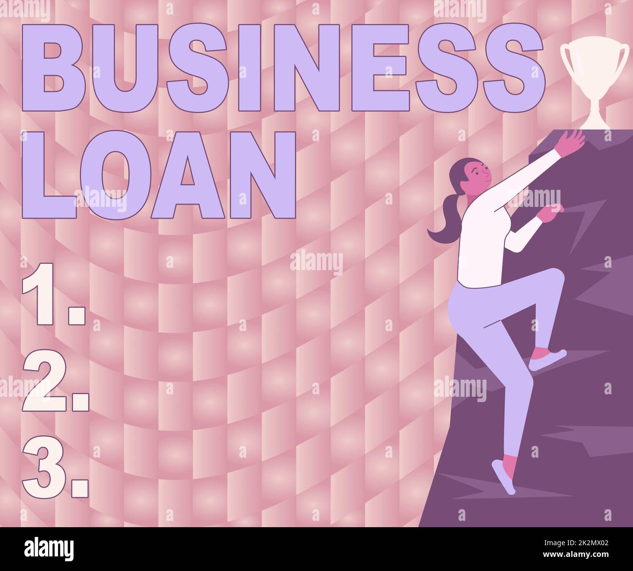 Schild mit der Aufschrift Business Loan. Geschäftskonzept Kredithypothek finanzielle Unterstützung Barvorschüsse Schuldenfrau Bergsteigen Trophäe für Erfolg. Stockfoto