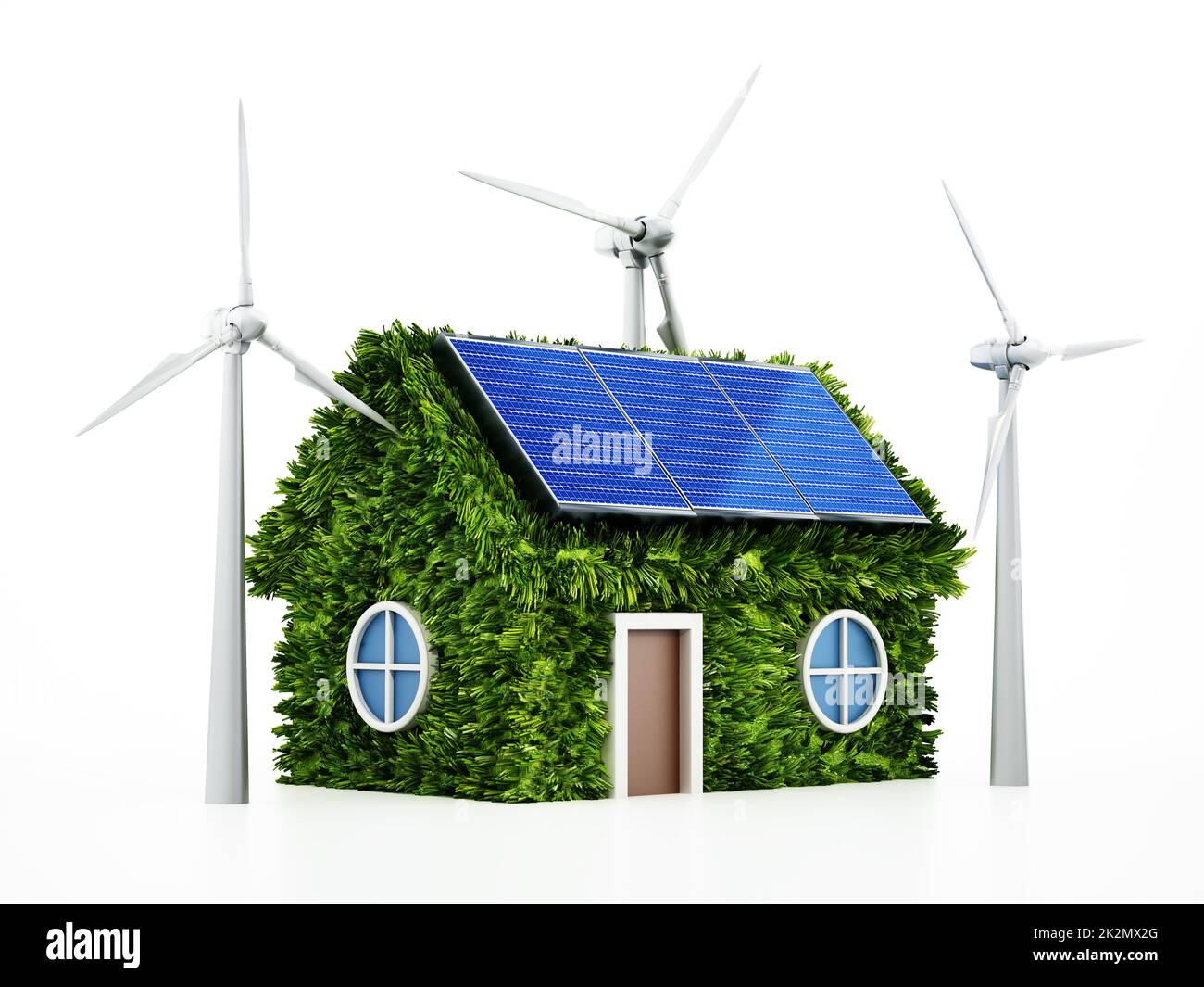 Grünhaus mit Sonnenkollektoren auf dem Dach und Windturbinen. 3D Abbildung Stockfoto