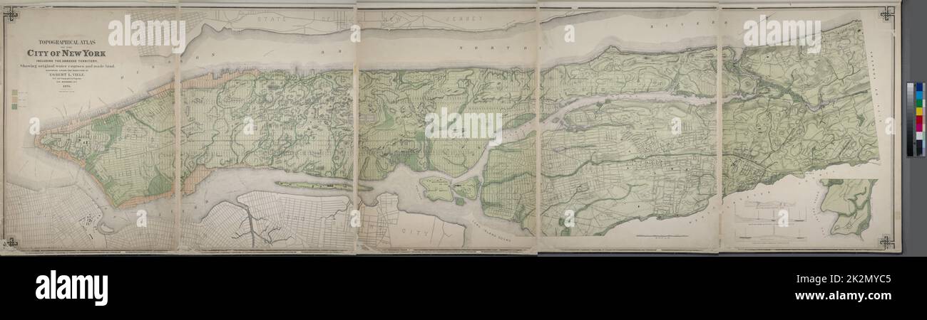 Karten, Karten, topografische Karten. 1874. Lionel Pincus und Prinzessin Firyal Map Division. New York (New York) Topographischer Atlas der Stadt New York, einschließlich des angegliederten Territoriums, das ursprüngliche Wasserläufe und das gemachte Land zeigt Stockfoto