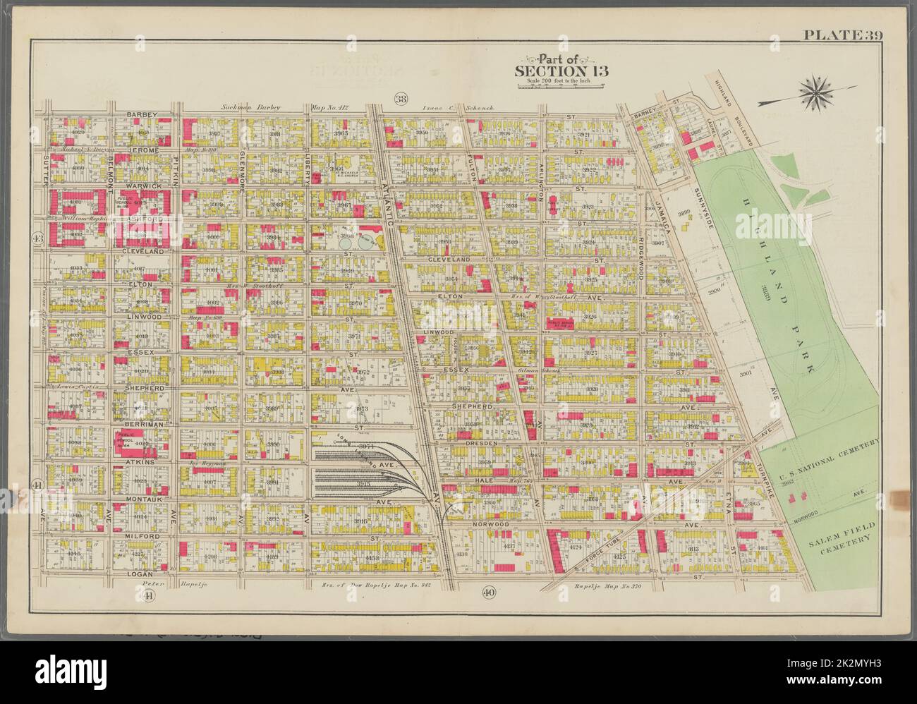 Bromley, George Washington. Kartographie, Karten, Atlanten, Landvermessungen. 1908. Lionel Pincus und Prinzessin Firyal Map Division. Brooklyn (New York, New York) , Maps Plate 39: Begrenzt durch Barbey Street, (Highland Park) Sunnyside Avenue, Force Tube Avenue, Jamaica Turnpike, Logan Street und Sutter Street Plate 39 Stockfoto