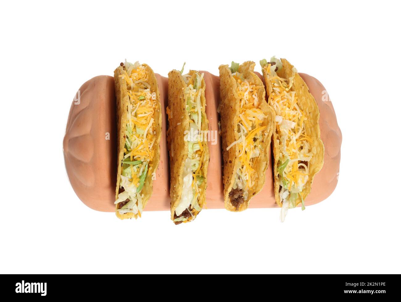 Terrakotta Taco Holder Mit Vier Knusprigen Tacos Stockfoto