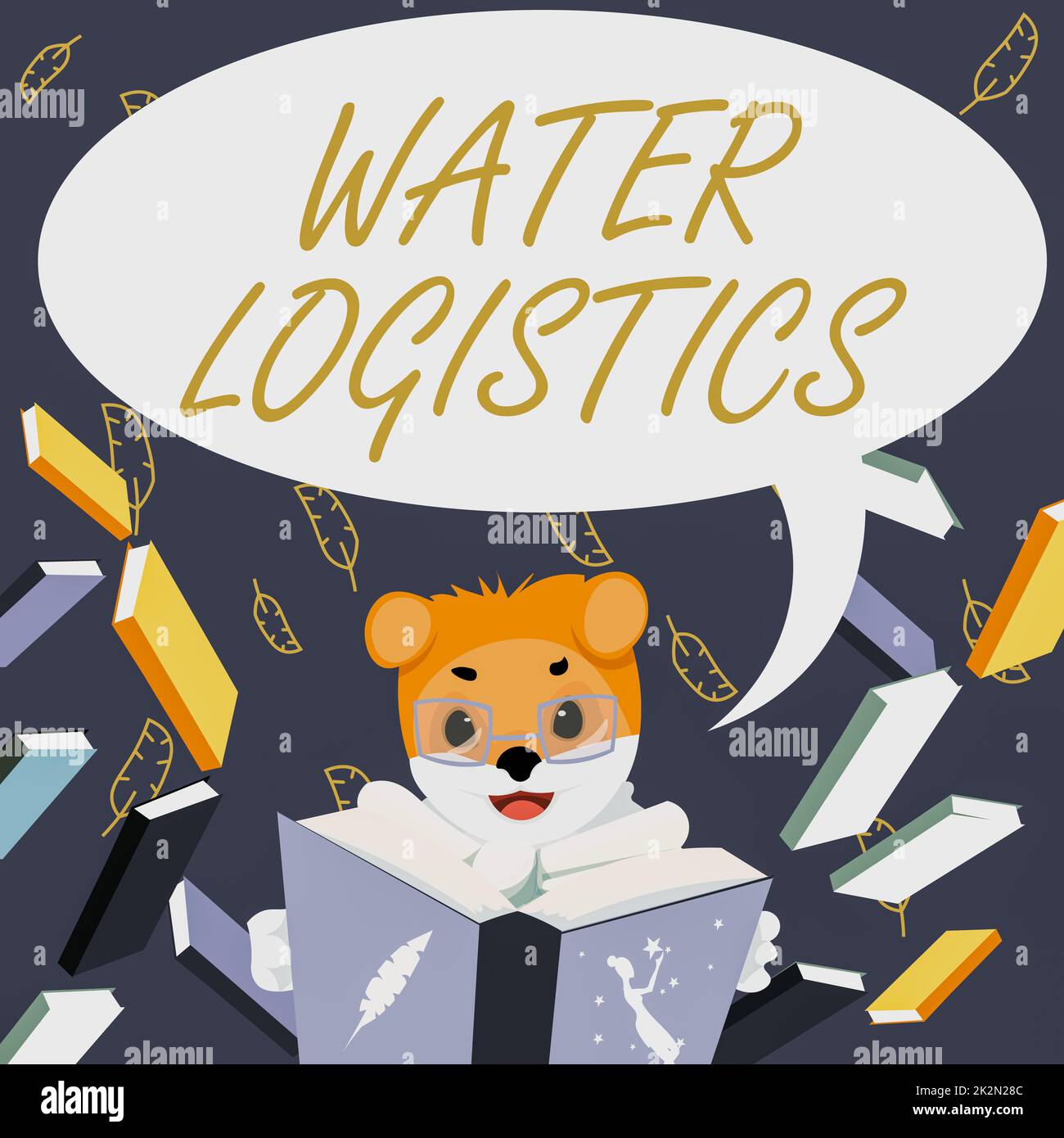 Schild mit der Wasserlogistik. Business-Schaufenster Wasser Logistik Fuchs mit Gläsern sitzen in der Bibliothek Lesen Eines Buches Studieren. Stockfoto