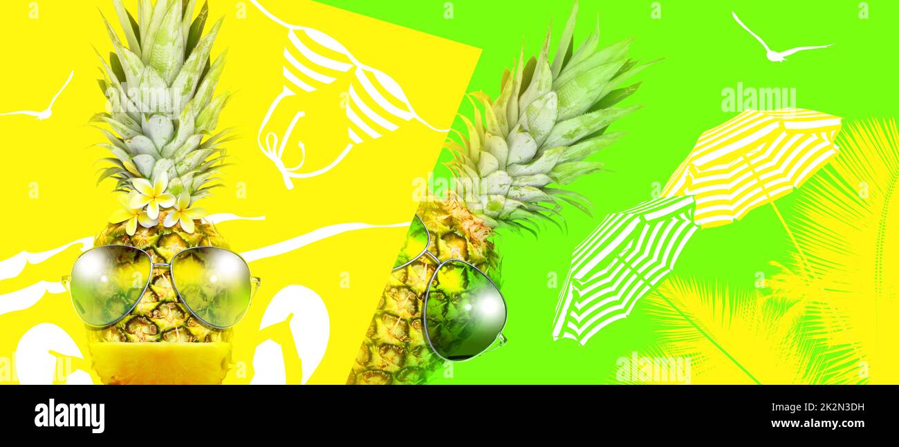 Kreative Ananas mit Sonnenbrille auf Sommerhintergrund. Stockfoto