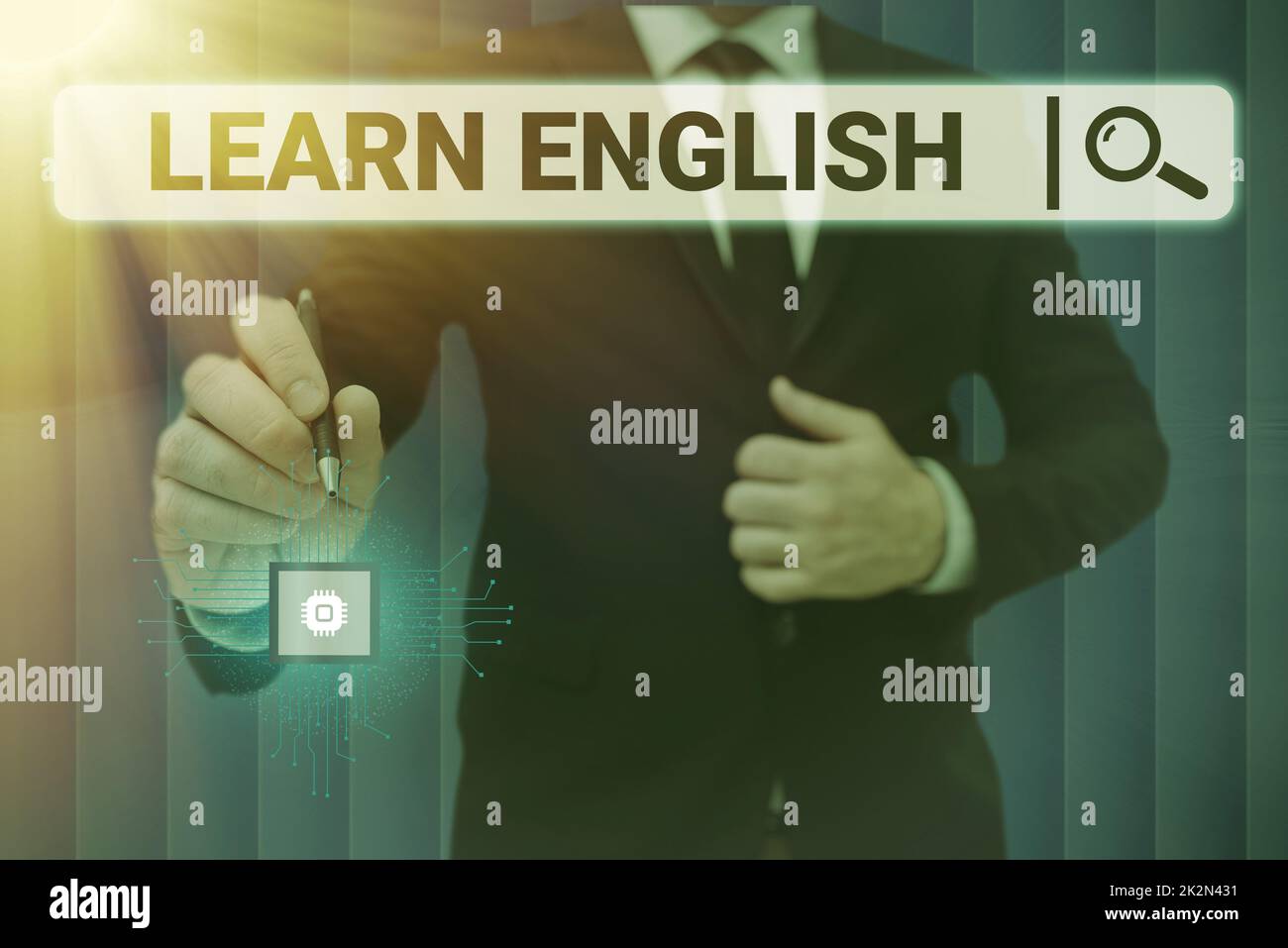 Handschriftlicher Text Englisch lernen. Geschäftsübersicht Universal Language Einfache Kommunikation und Verstehen des Handybildschirms mit der futuristischen Technologie. Stockfoto