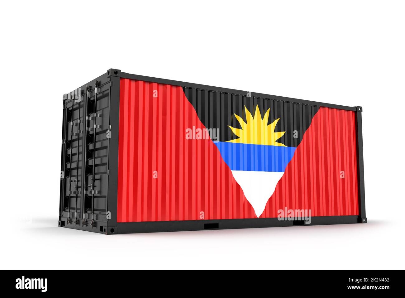 Shipping Cargo Container strukturiert mit Flagge von Antigua und Barbuda. Isoliert. 3D Rendering Stockfoto