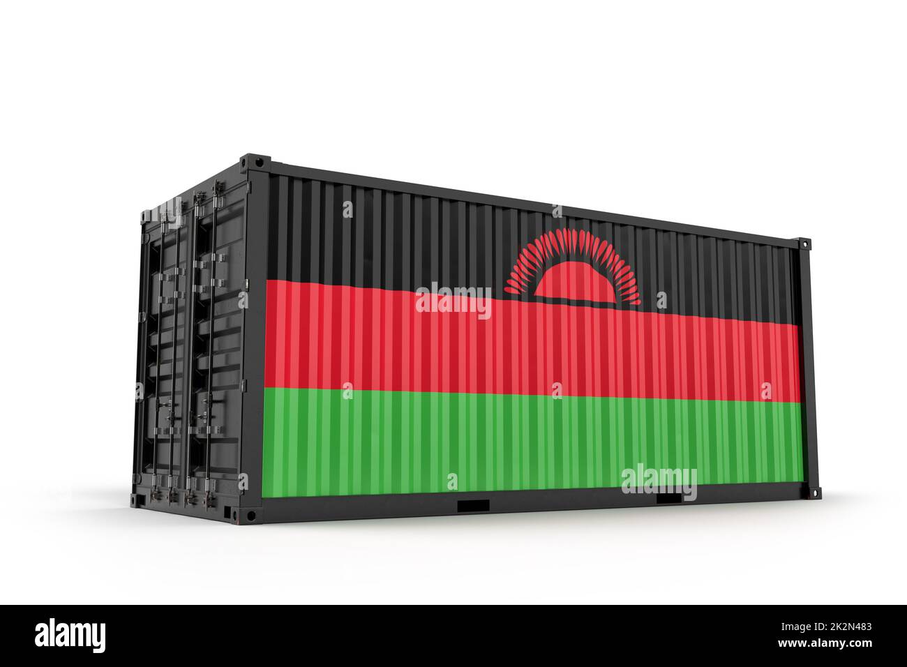 Frachtcontainer strukturiert mit Flagge von Malawi. Isoliert. 3D Rendering Stockfoto