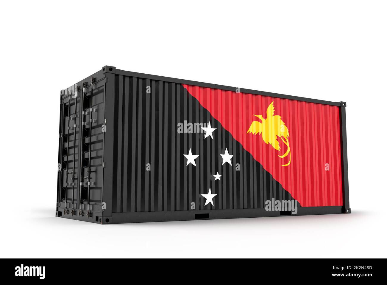 Frachtcontainer mit Flagge von Papua-Neuguinea strukturiert. Isoliert. 3D Rendering Stockfoto