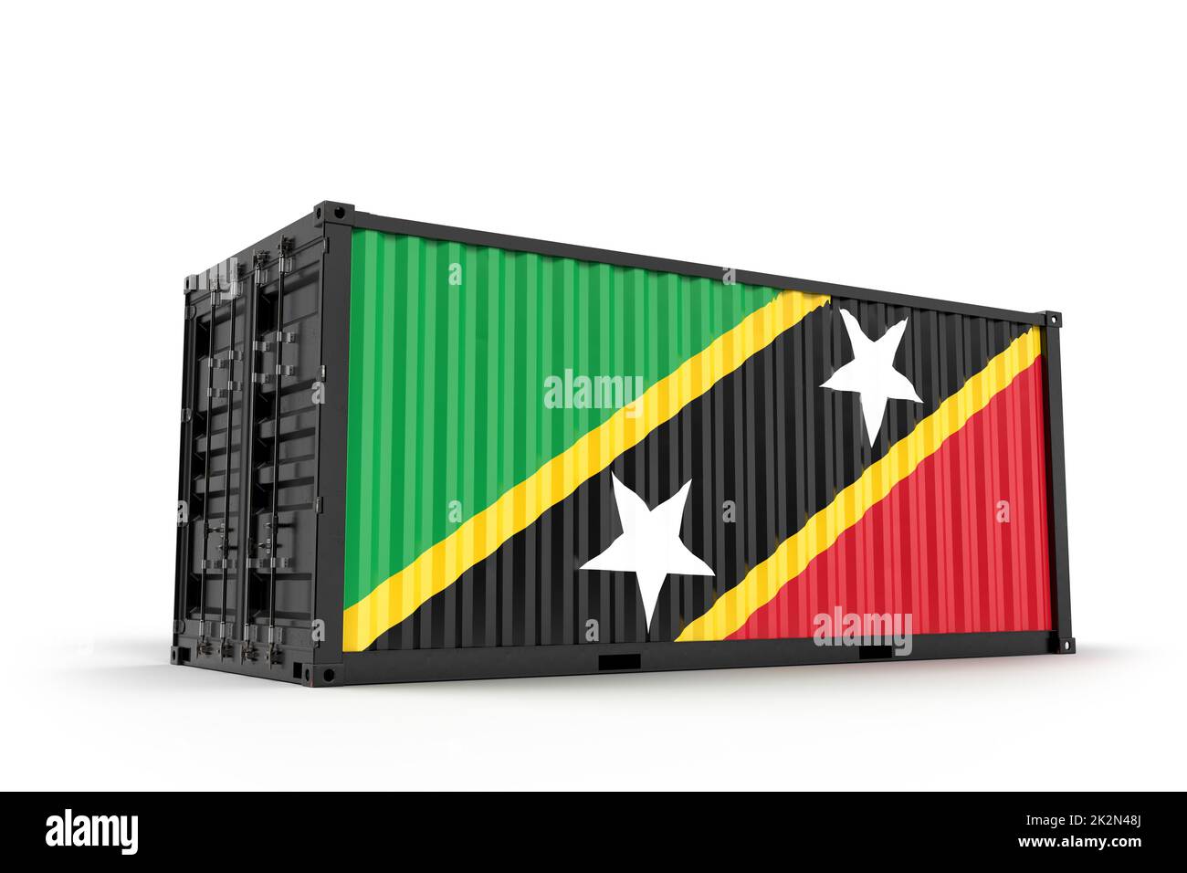 Frachtcontainer strukturiert mit Flagge von St. Kitts und Nevis. Isoliert. 3D Rendering Stockfoto