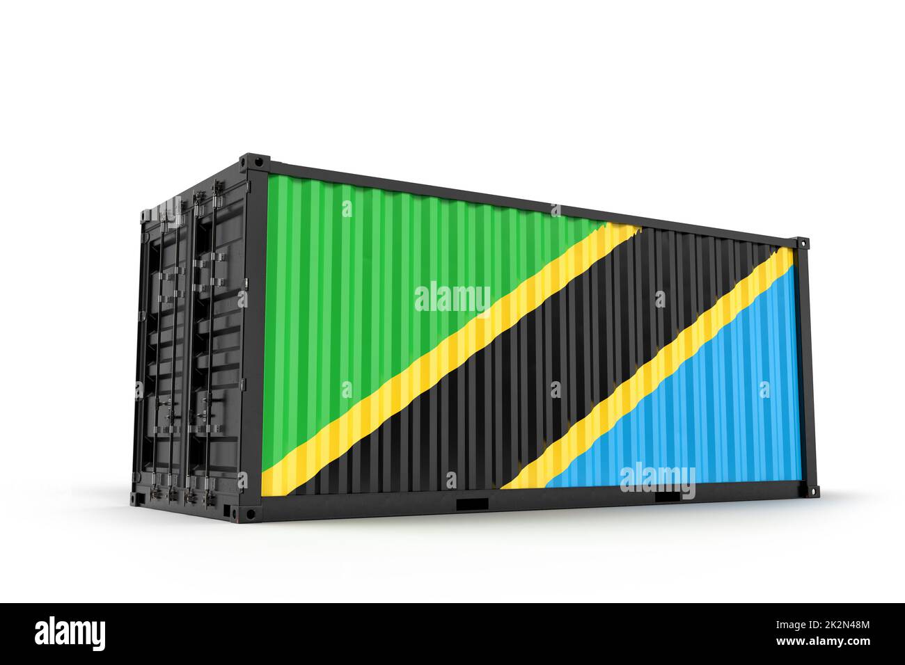Frachtcontainer strukturiert mit Flagge von Tansania. Isoliert. 3D Rendering Stockfoto