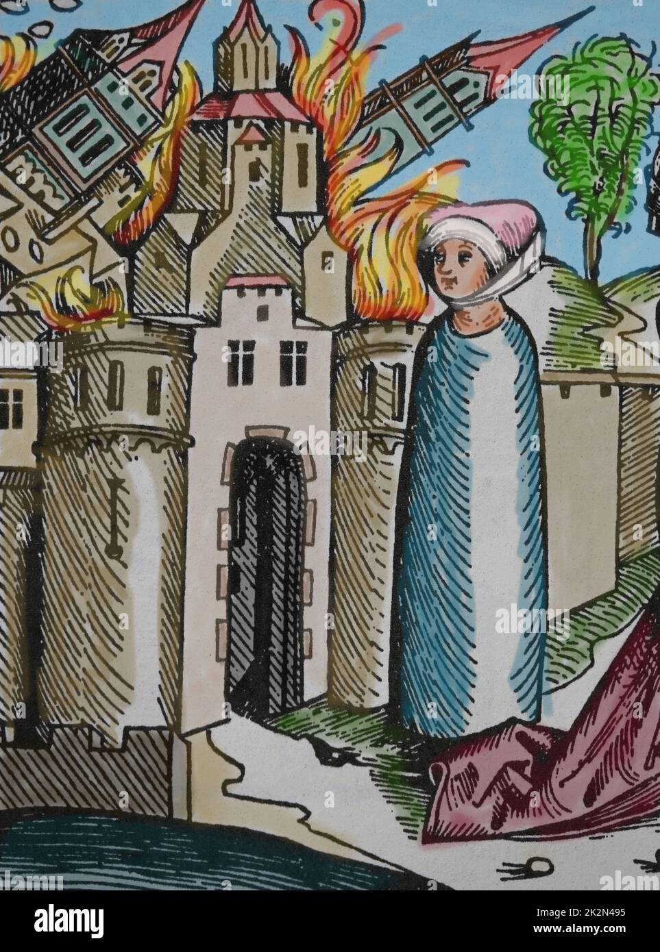 Destruktion von Sodom und Gomorra. Lots Frau, die Gott ungehorsam ist, wird zu einer Säule aus Salz. Nürnberger Chronik, 1493. Stockfoto