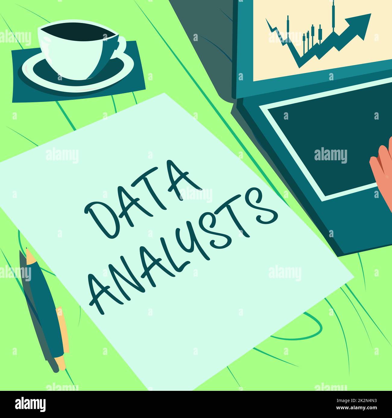 Konzeptionelle Beschriftung Datenanalysten. Business Idea Programmer Design and Create Report identifiziert Muster, die der Laptop neben der Kaffeetasse und dem einfachen Blatt mit Arbeitsabläufen aufliegt. Stockfoto