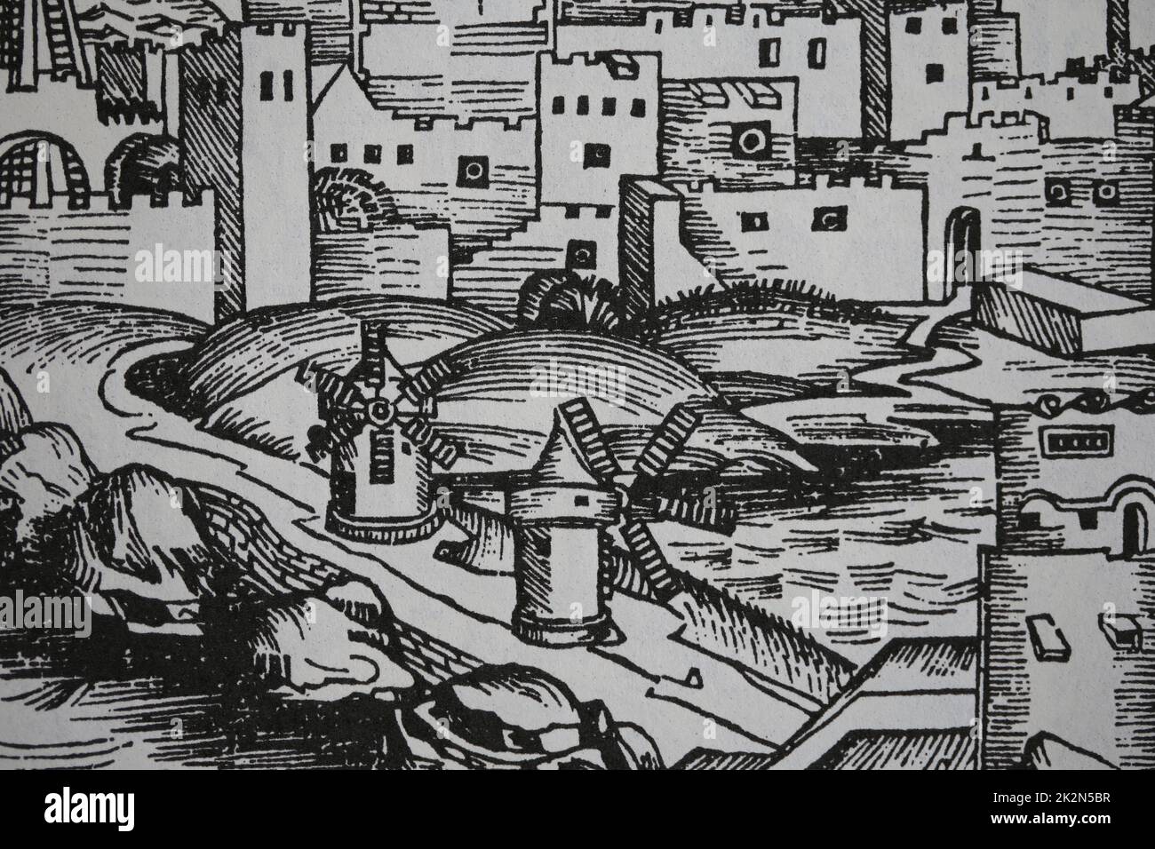 Rhodos. Hafen und Mühlen. Gravur. Die Nürnberger Chronik, 15.. Jahrhundert. Dertail. Stockfoto
