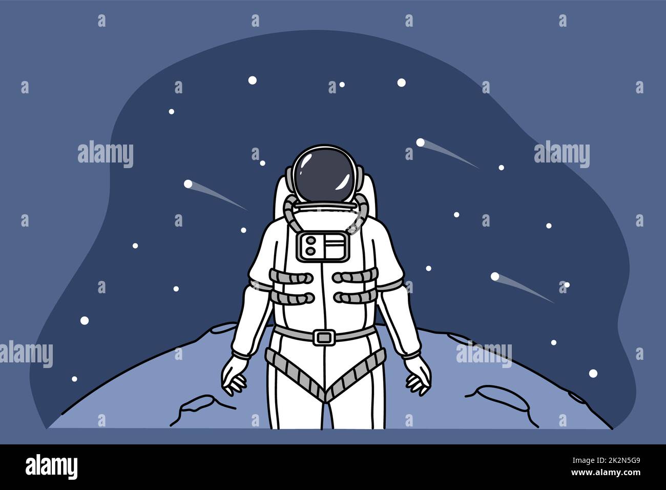 Der Kosmonaut steht an der Oberfläche und erforscht das Universum Stockfoto