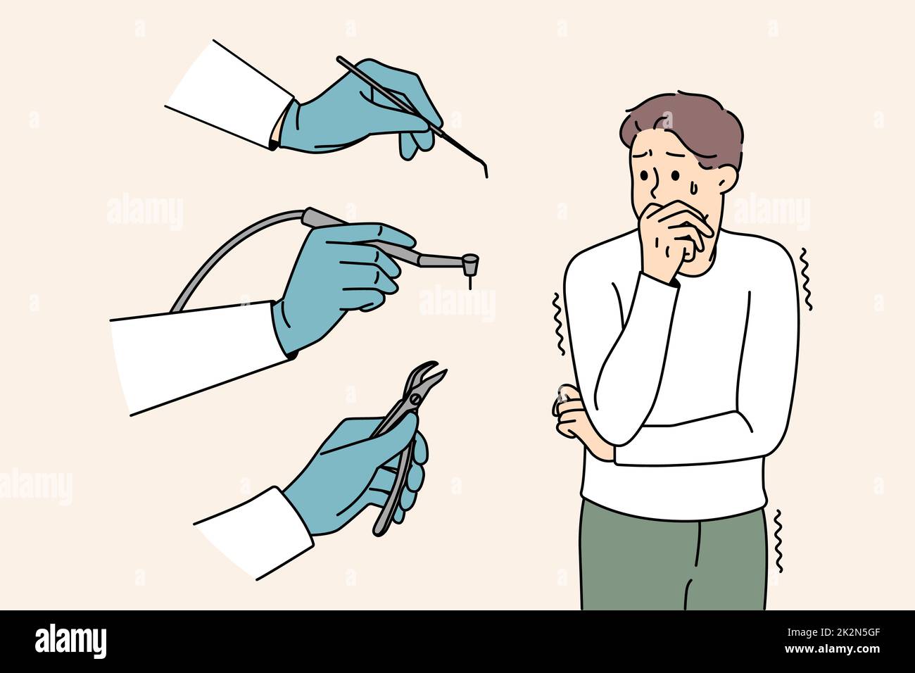 Der ängstliche Mann unter Stress mit Zahnwerkzeugen und Zahnarzt Stockfoto