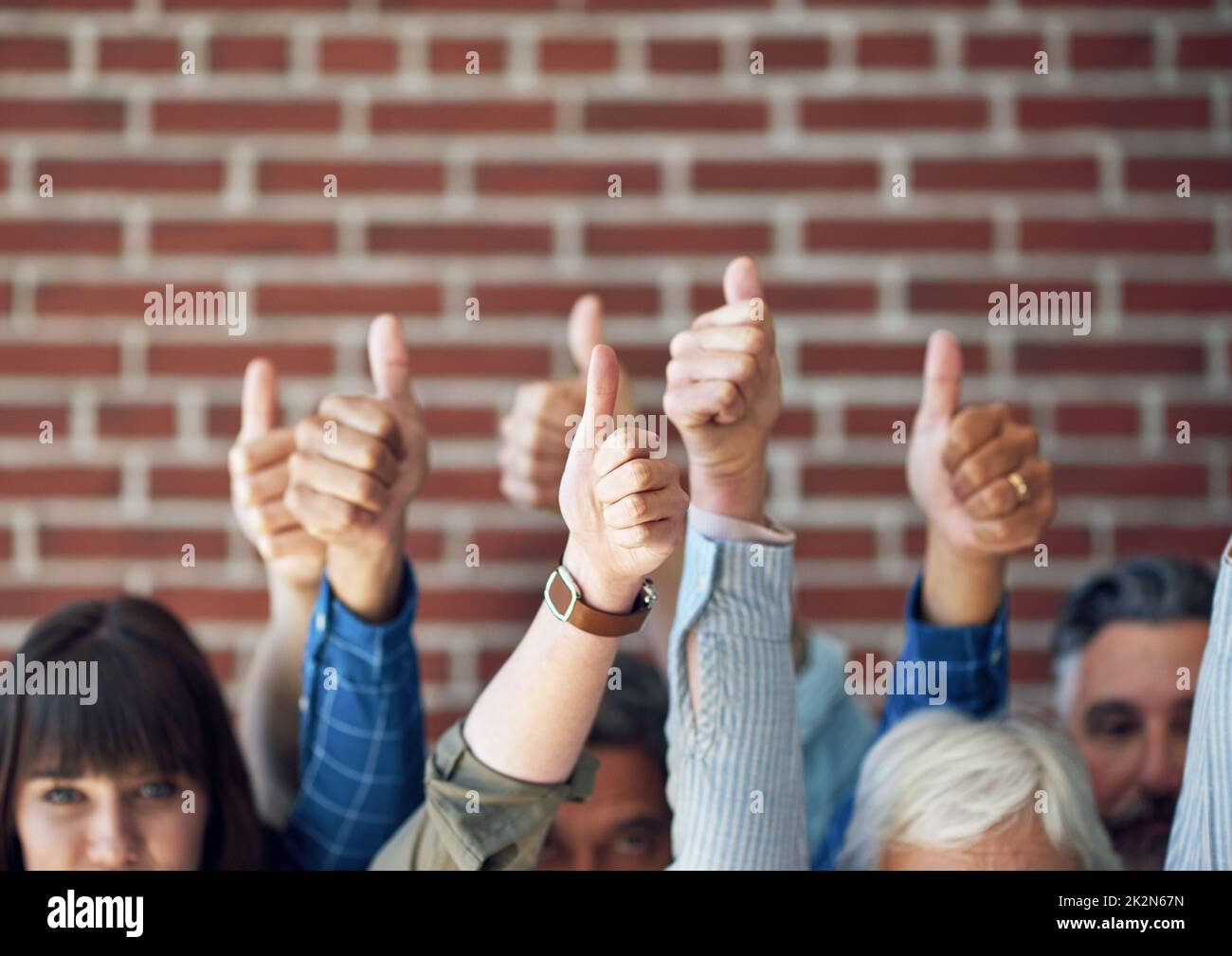 Glückliche Gruppe von Menschen feiert gemeinsam Erfolg und lächelt und zeigt Unterstützung für positive Empfehlungsgeste Stockfoto