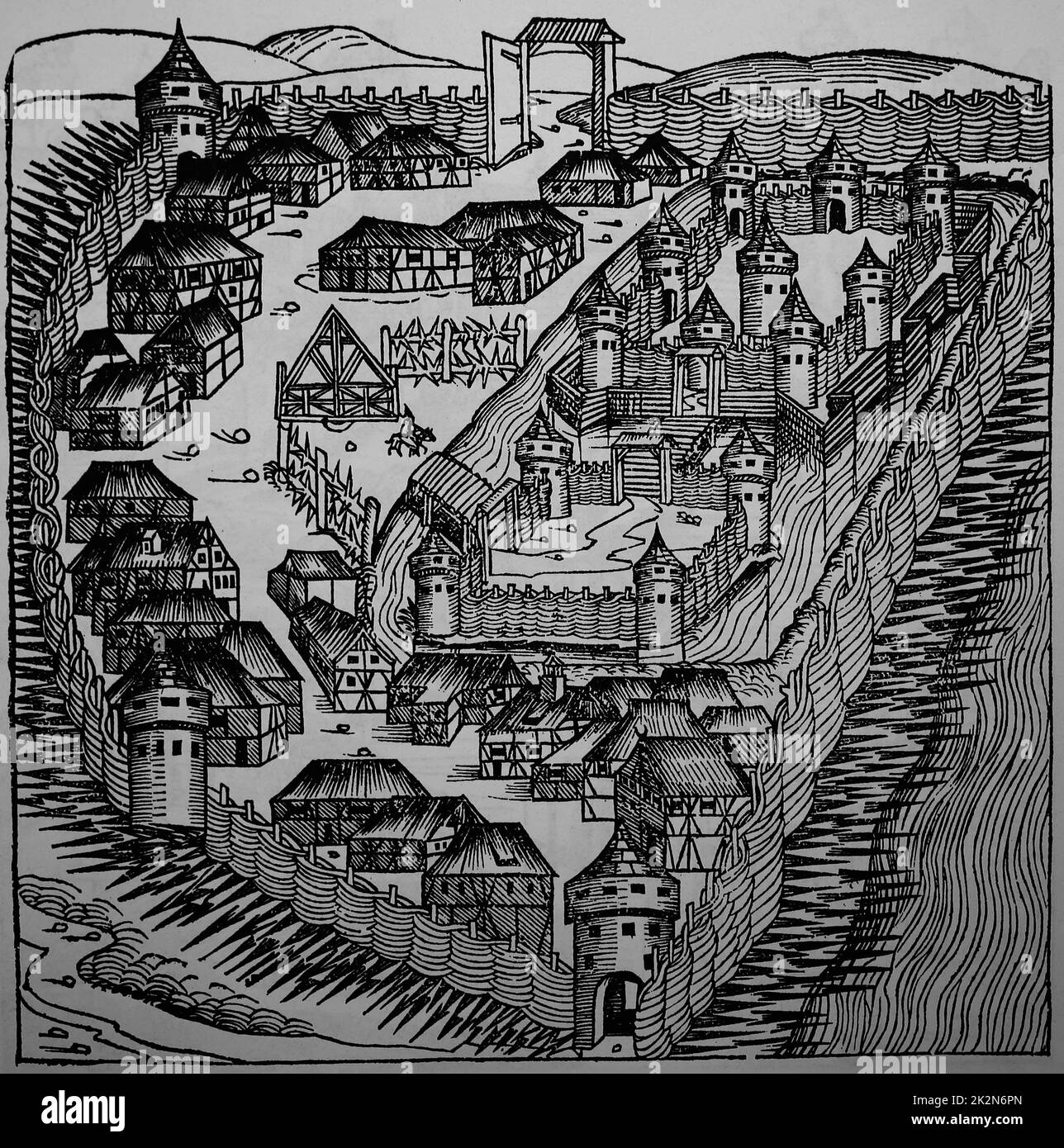 Sabatz (altes Zaslon). Die türkische Festung. Stich der Nürnberger Chronik, 15.. Jahrhundert. Stockfoto