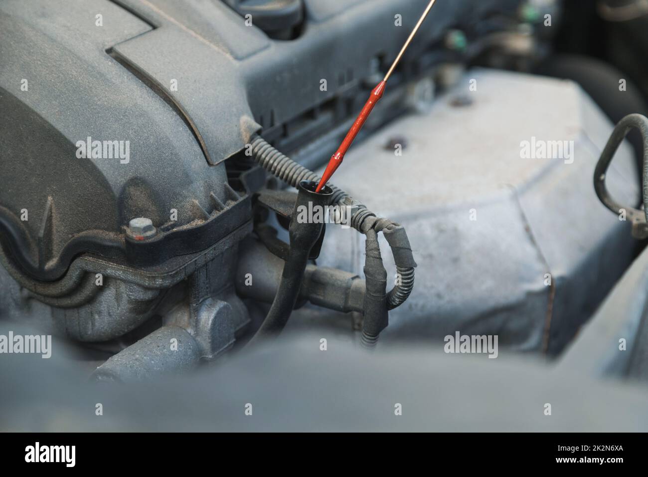 Der Servicetechniker nimmt einen Messstab heraus, um den Ölstand im Automotor zu überprüfen. Stockfoto