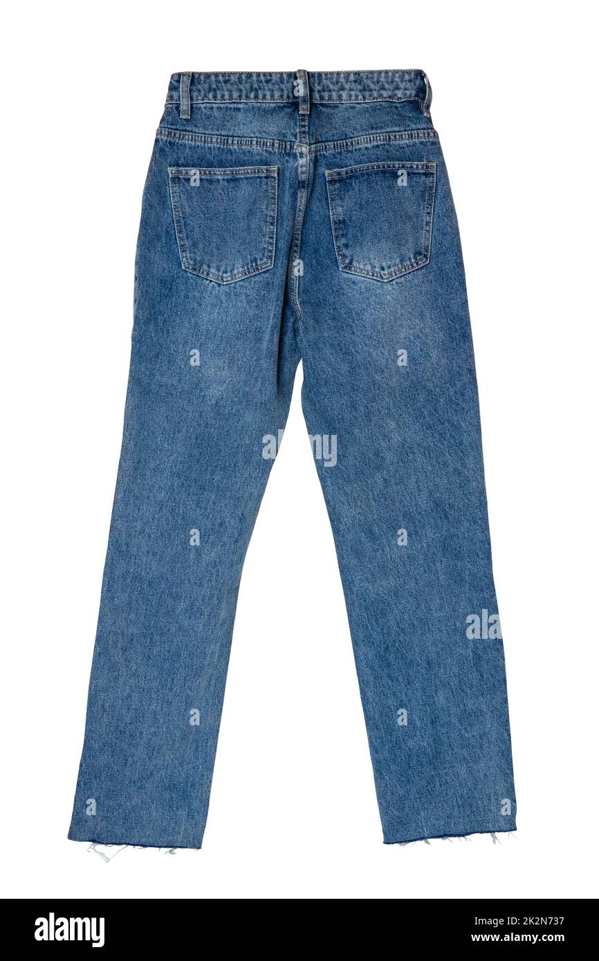 Jeans isoliert. Trendige, stylische blaue Denim-Hosen oder -Hosen auf weißem Hintergrund isoliert. Sommer- und Herbstmode. Rückansicht. Stockfoto
