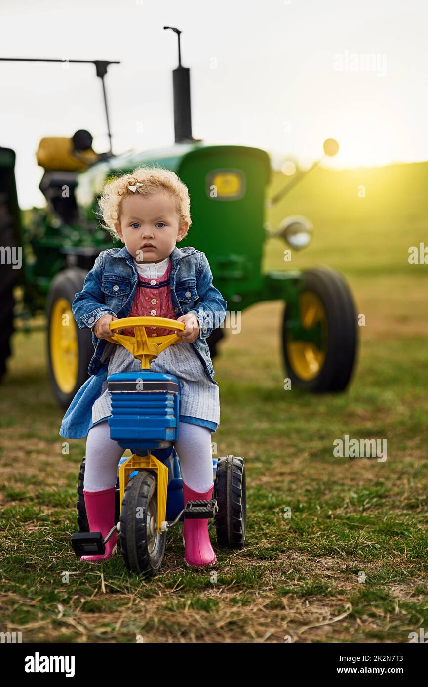 Die Landwirtschaft ist nichts für schwache Nerven. Porträt eines entzückenden kleinen Mädchens, das auf einem Spielzeugauto auf einer Farm reitet. Stockfoto