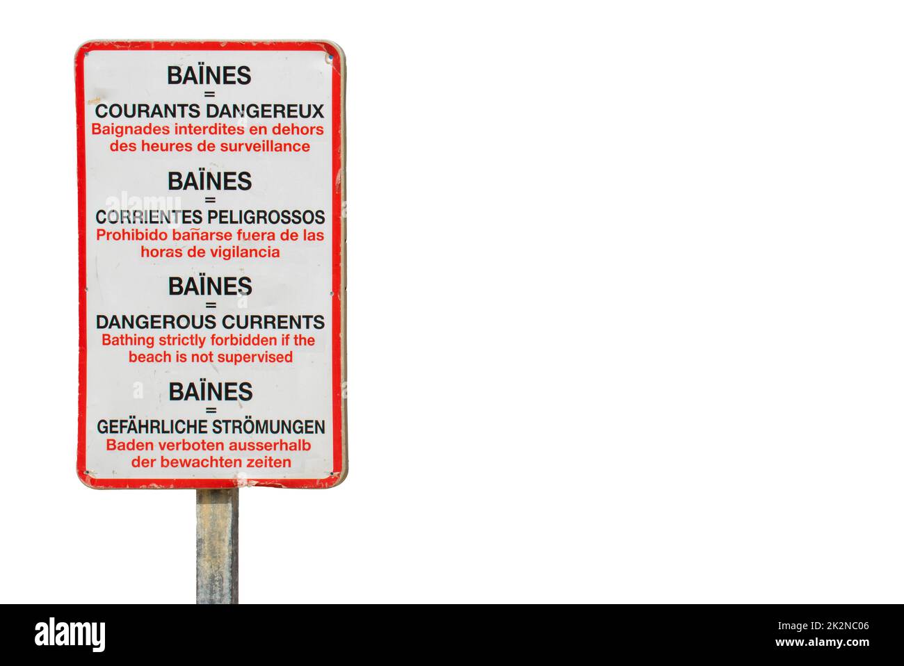 Schild Warnung vor gefährlichen Strömungen (baïnes) im Südwesten Frankreichs Stockfoto