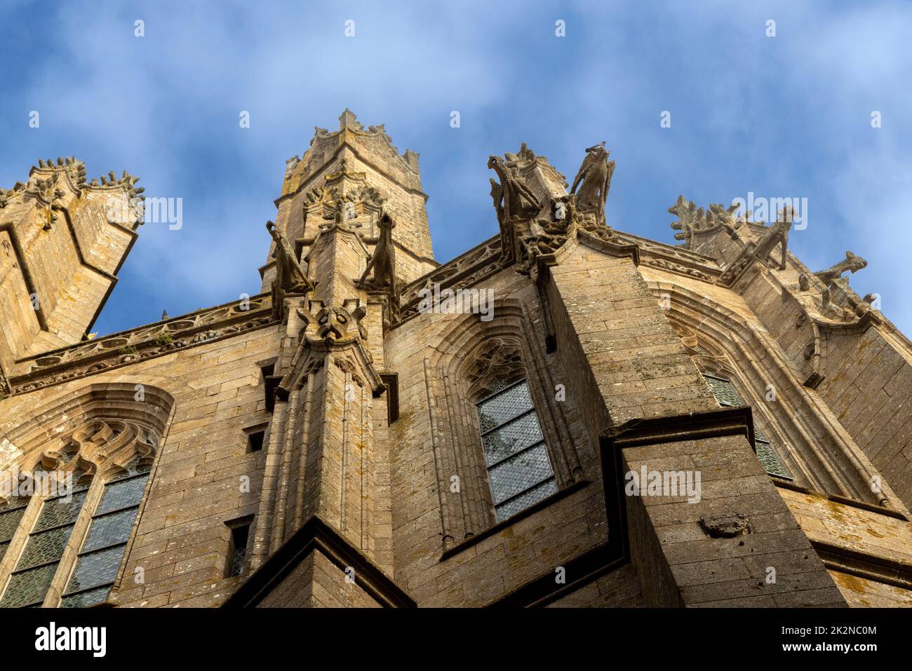 Gekäkelte Zinnen und Wasserspeier, architektonische Details der mittelalterlichen Abtei Le Mont Saint-Michel, Avranches, Normandie, Frankreich. Stockfoto