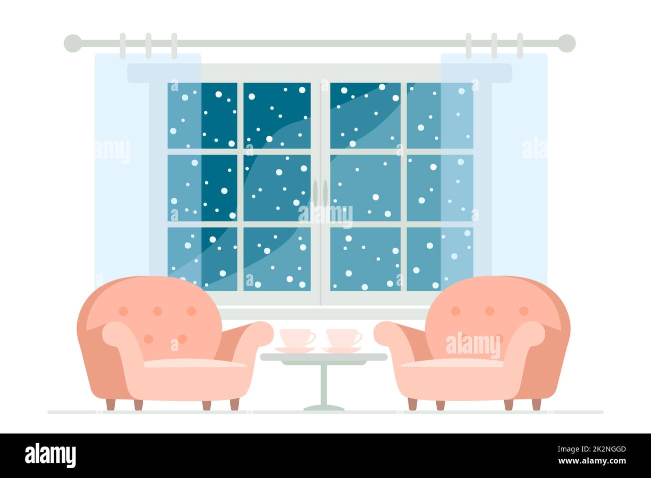 Fenster mit schneebedecktem Hintergrund und zwei gemütlichen Sesseln. Wohnraumkonzept. Flacher Cartoon-Stil. Vektorgrafik Stockfoto