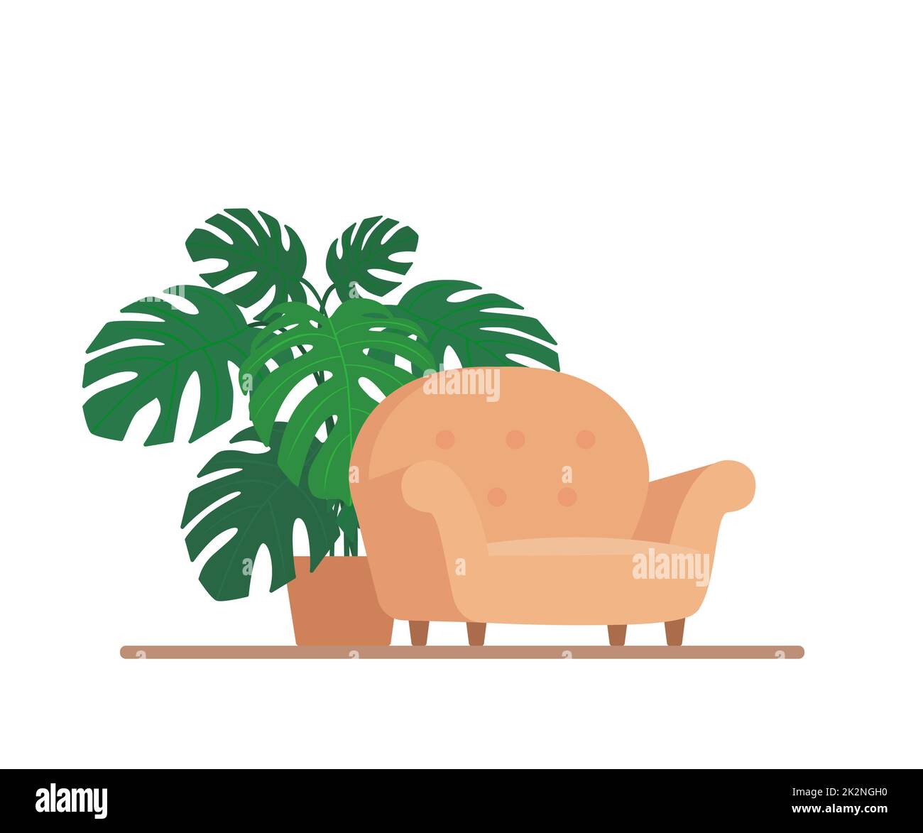 Gemütlicher weicher Sessel und Heimpflanze im Topf. Wohnraumkonzept. Flacher Cartoon-Stil. Vektorgrafik Stockfoto