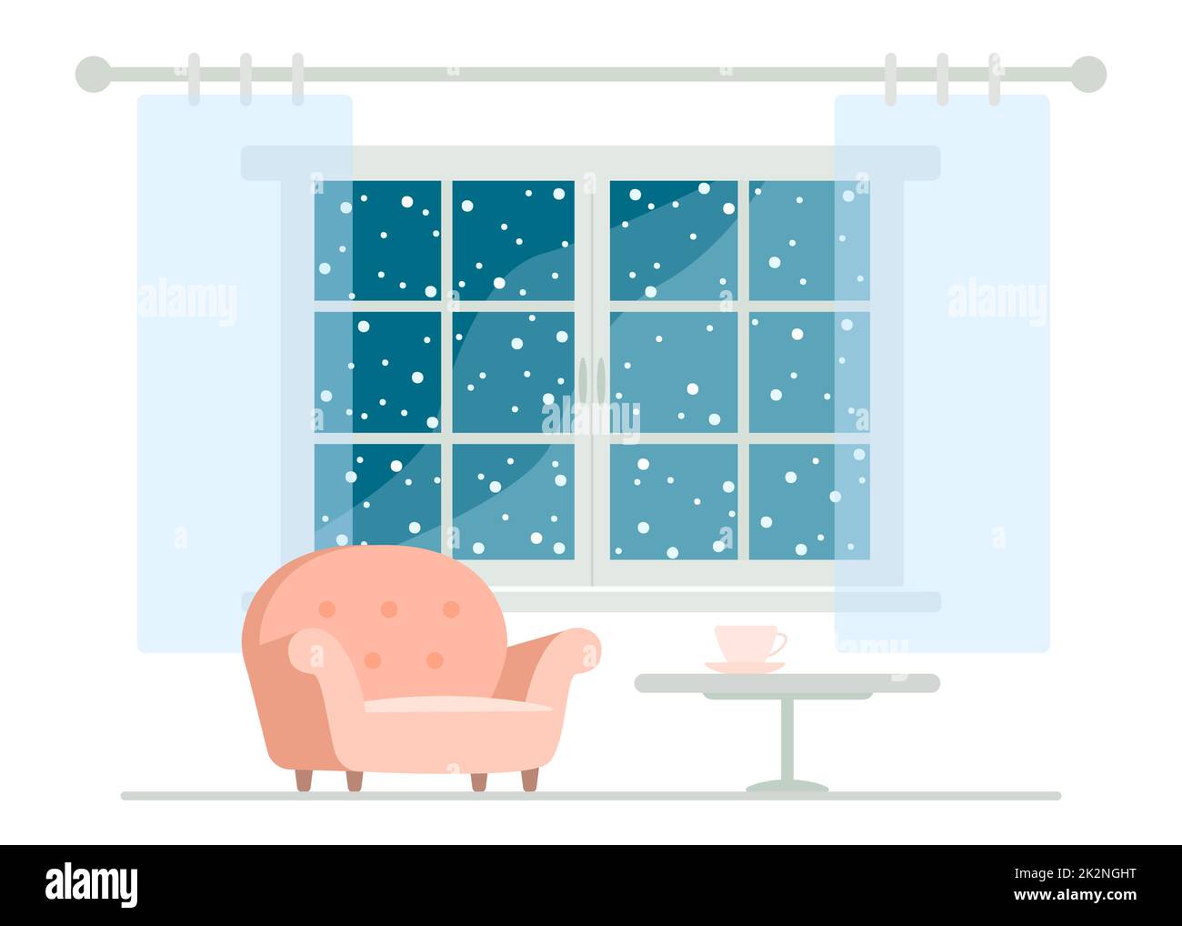 Fenster mit Winterhintergrund und gemütlichem Sessel. Wohnraumkonzept. Flacher Cartoon-Stil. Vektorgrafik Stockfoto