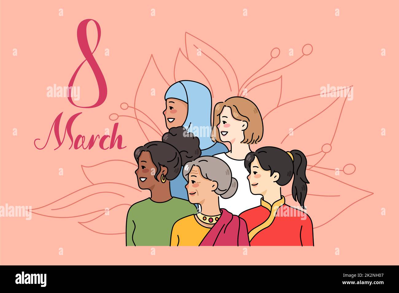 Verschiedene Frauen feiern den internationalen Frauentag Stockfoto