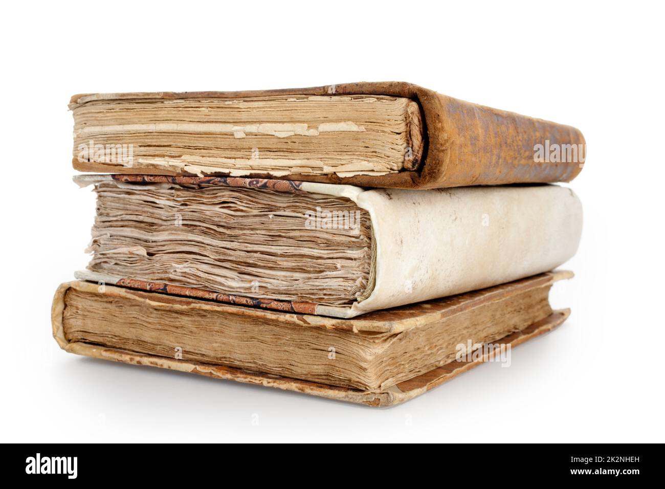 Drei alte Bücher auf einem Stapel Stockfoto