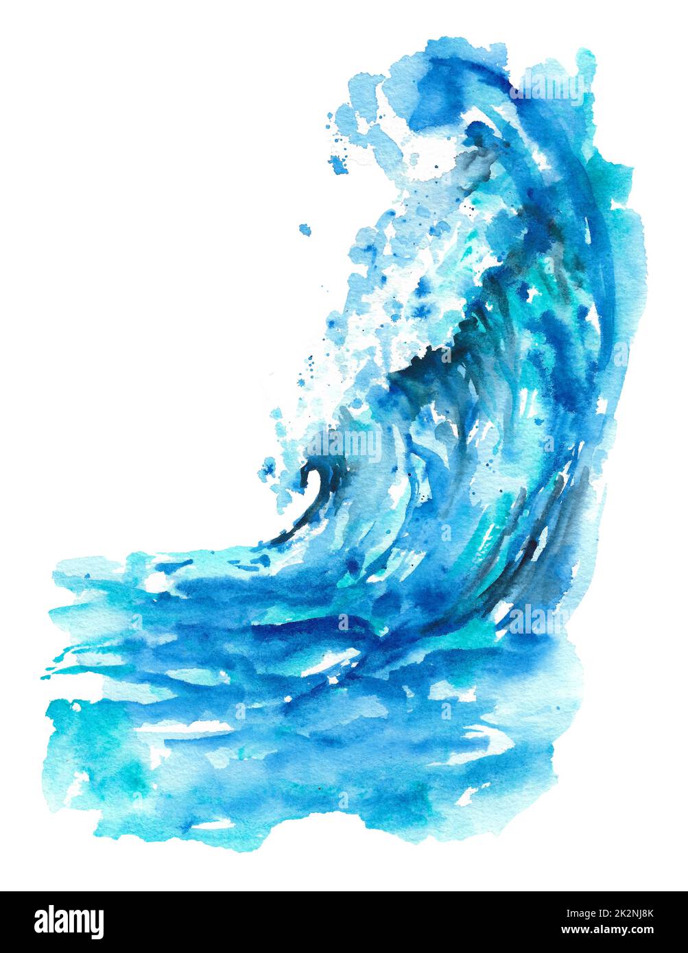 Wasserfarbe Meereswelle. Große blaue Meereswelle auf weißem Hintergrund. Stockfoto