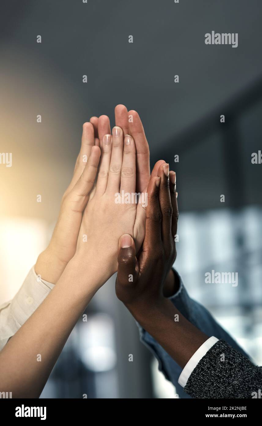 Erfolg gehört uns. Ausgeschnittene Aufnahme einer Gruppe von Geschäftsleuten, die sich solidarisch in die Hände schlossen. Stockfoto