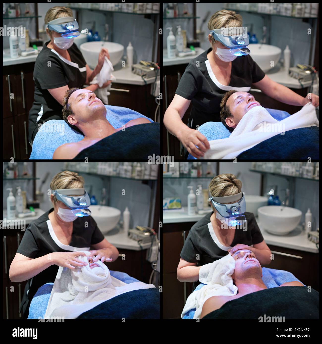 Vier Schritte zur Verbesserung der Haut. Zusammengesetzte Aufnahme eines Mannes, der in einer Schönheitsklinik eine Gesichtsbehandlung erhält. Stockfoto