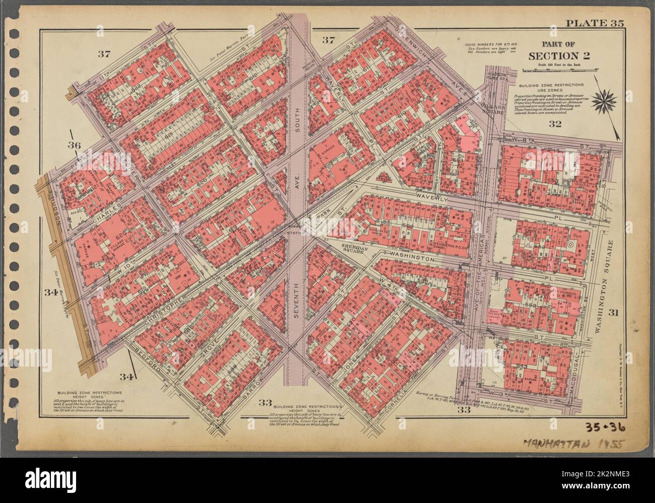 Kartografisch, Karten. 1955 - 1956. Lionel Pincus und Princess Firyal Map Division. Immobilien , New York (Bundesstaat) , New York (N.Y.), Manhattan (New York, N.Y.) Tafel 35, Teil von Abschnitt 2: Begrenzt durch W. 11. Street, W. 4. Street, Perry Street, Waverly Place, Charles Street, Greenwich Avenue, Avenue of the Americas, W. 8. Street, Macdougal Street, W. 3. Street, Avenue of the Americas, Cornelia Street, Bleecker Street, Barrow Street, Bedford Street, Christopher Street, Hudson Street, Perry Street und Bleecker Street. Stockfoto