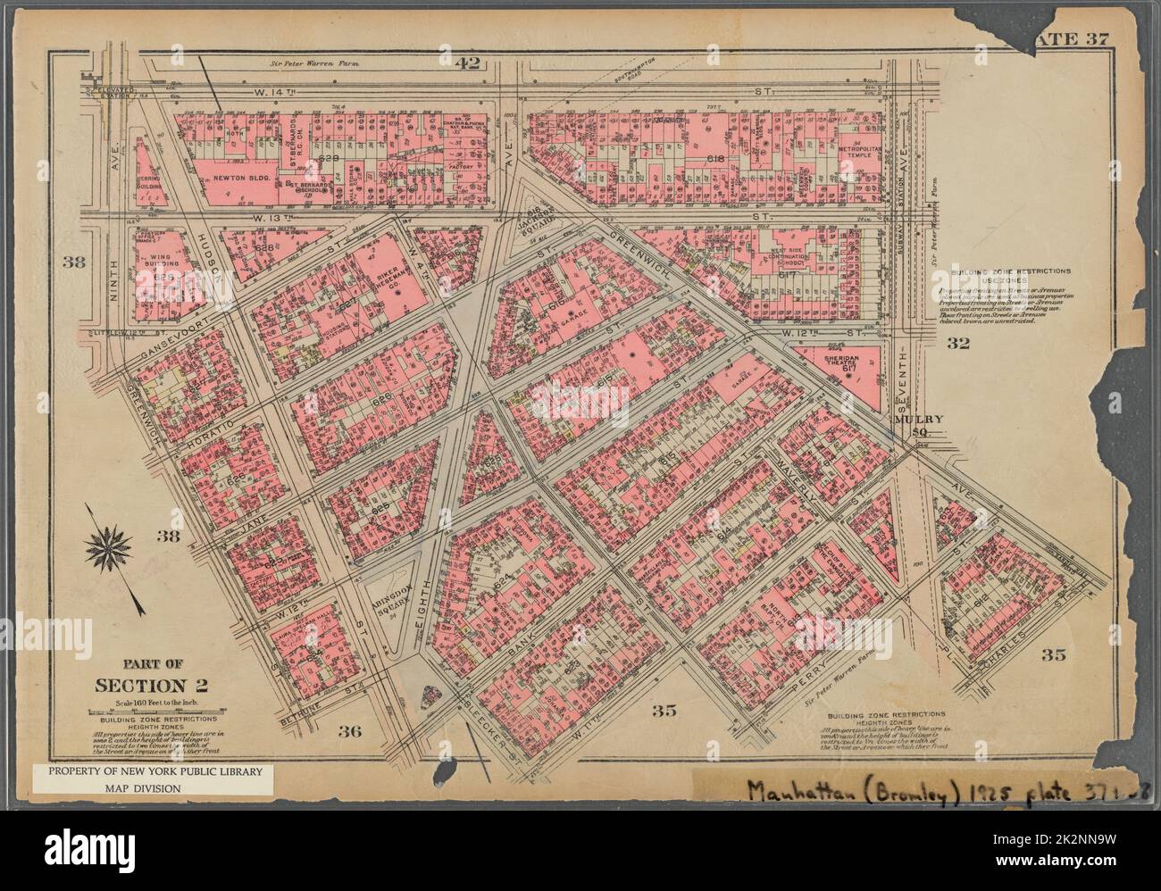 Kartografisch, Karten. 1925. Lionel Pincus und Prinzessin Firyal Map Division. Immobilien , New York (Bundesstaat) , New York, Manhattan (New York, N.Y.) Tafel 37, Teil von Abschnitt 2: Begrenzt durch W. 14. Street, Seventh Avenue, Greenwich Avenue, Charles Street, Waverly Place, Perry Street, W. 4. Street, W. 11. Street, Bleecker Street, Bank Street, Hudson Street, Bethune Street, Greenwich Street und Ninth Avenue Stockfoto