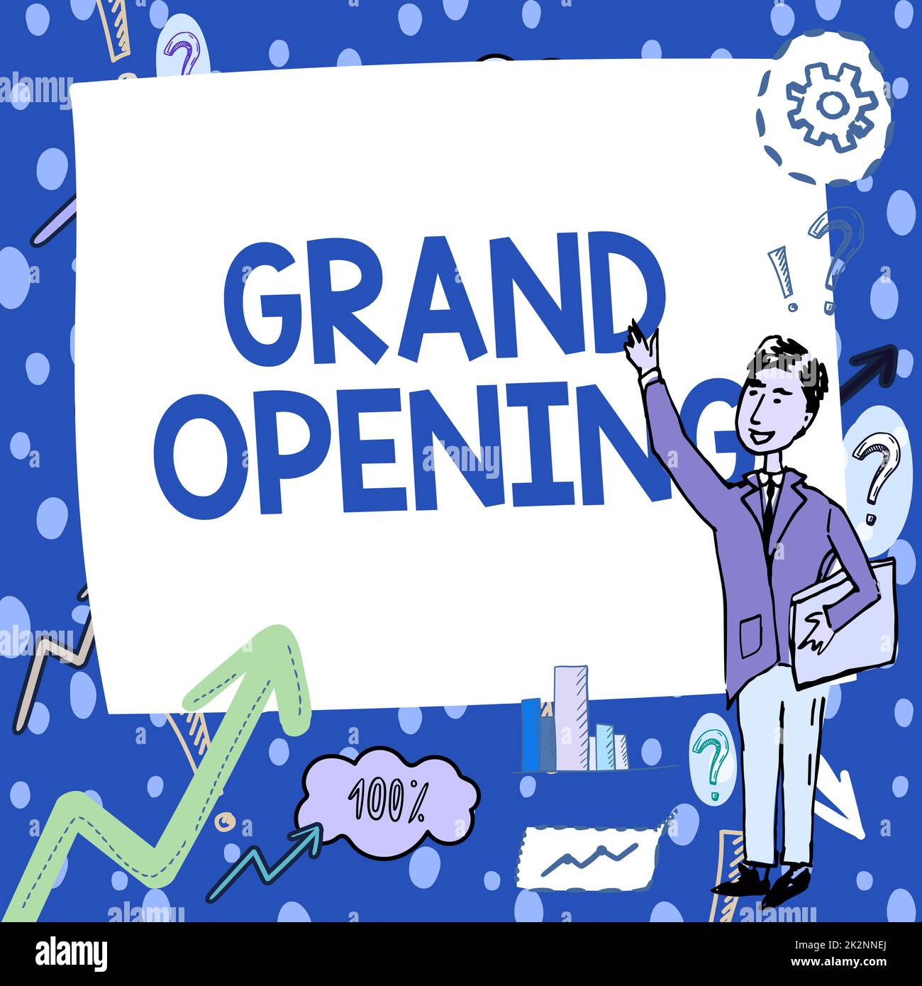 Inspiration mit Schild „Grand Opening“. Business Concept Ribbon Cutting New Business erster offizieller Tag Gentleman Drawing Standing Pointing Finger in Blank Whiteboard. Stockfoto
