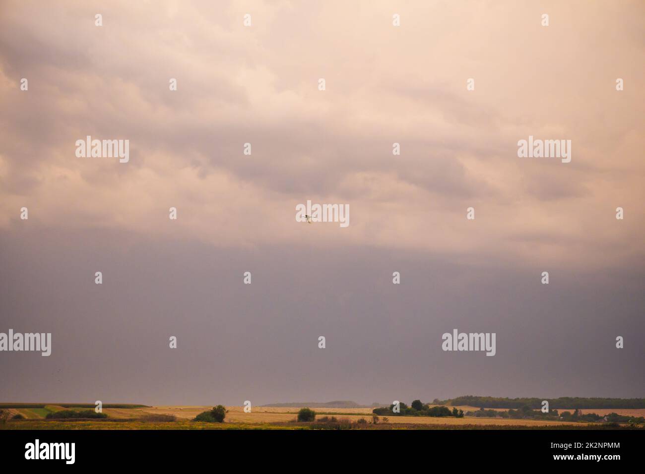 Wunderschöner orangefarbener Sonnenuntergang mit Wolken, Vogel am Himmel Stockfoto Wunderschöner orangefarbener Sonnenuntergang mit Wolken, Vogel am Himmel Stockfoto