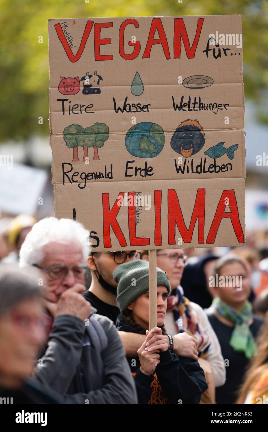 Köln, Deutschland. 23. September 2022. Demonstranten mit Plakaten stehen während einer Kundgebung beim Klimaschlag zusammen. Die Klimaschutzbewegung Fridays for future hat an diesem Freitag einen weltweiten Klimaschlag gefordert. Quelle: Marius Becker/dpa/Alamy Live News Stockfoto