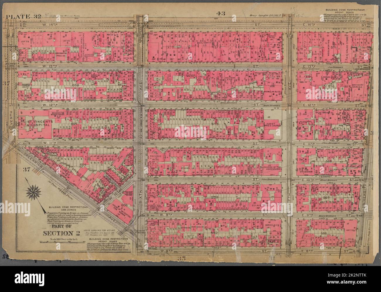 Kartografisch, Karten. 1930. Lionel Pincus und Prinzessin Firyal Map Division. Immobilien , New York (Bundesstaat) , New York, Manhattan (New York, N.Y.) Tafel 32, Teil von Abschnitt 2: Begrenzt durch W. 14. Street, E. 14. Street, University Place, E. 8. Street, W. 8. Street, Greenwich Avenue und Seventh Avenue Stockfoto