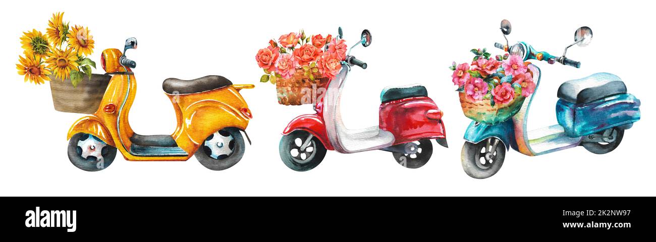 Aquarell-Set von Mopeds. Drei bunte Roller mit Blumenkörben. Stockfoto